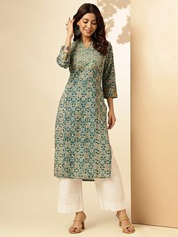 Vbuyz - Women's Floral Printed Straight Cotton Aqua Blue Stitched Kurta