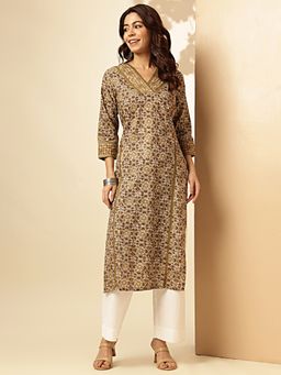 Vbuyz - Women's Floral Printed Straight Cotton Beige Stitched Kurta