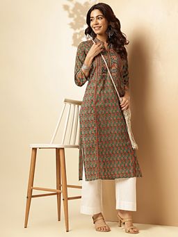 Vbuyz - Women's Floral Print Straight Cotton Green Stitched Kurta