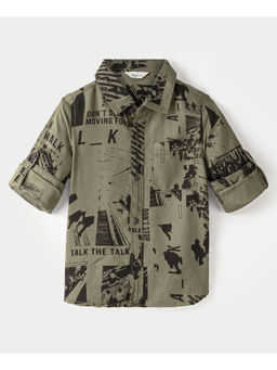 Infinity - Olive Twill Cotton Full Sleeves Printed Boys Shirt