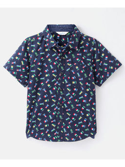 Infinity - Navy Blue Cotton Woven Half Sleeves Flag Printed Boys Shirt
