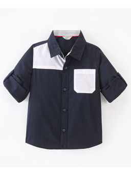 Infinity - Navy Blue Cotton Woven Full Sleeves Colour Blocked Boys Shirt