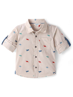 Infinity - Beige Peach Poplin Cotton Full Sleeves Dino Print Boys Shirt