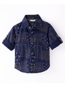 Infinity - Navy Blue Denim Cotton Woven Full Sleeves Printed Boys Shirt