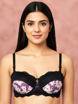 Shyaway - By Susie Dark Purple Half Coveage Printed Wired Seamed Balconette Multiway Padded Bra