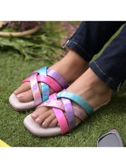 Coral Haze - Neon Multi Coloured Flats with Multiple Straps Set In A Criss Cross Pattern