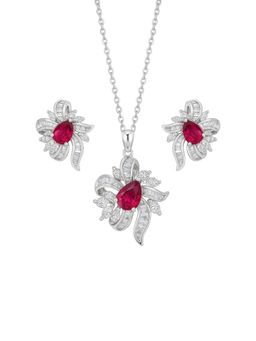 RUHA JEWELS - Festive Ruby And Diamond Silver Earrings with Pendant and chain Set