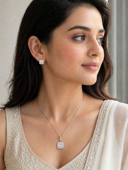 RUHA JEWELS - Classic Diamond Silver Earrings with Pendant and chain Set