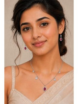 RUHA JEWELS - Timeless Ruby Silver Earrings with Pendant and chain Set
