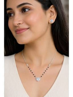 RUHA JEWELS - Crystal Mangalsutra Silver Earrings with Pendant and chain Set
