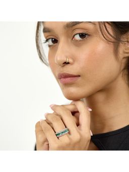 RUHA JEWELS - Cocktail Emerald And Diamond Stack Silver Ring