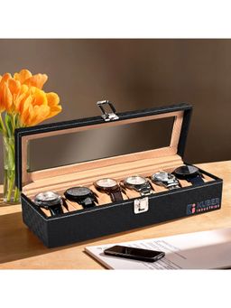 Kuber Industries - Premium Faux Leather 6 Slots Wrist Watch Organiser Box-Black & Golden