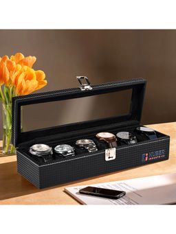 Kuber Industries - Premium Faux Leather 6 Slots Wrist Watch Organiser Box-Black