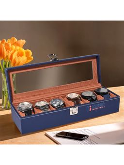 Kuber Industries - Premium Faux Leather 6 Slots Wrist Watch Organiser Box-Navy Blue