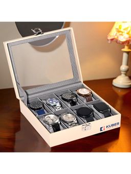 Kuber Industries - Premium Faux Leather 8 Slots Wrist Watch Organiser Box-Cream & Grey