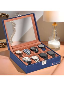 Kuber Industries - Premium Faux Leather 8 Slots Wrist Watch Organiser Box-Navy Blue