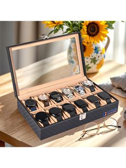 Kuber Industries - Premium Faux Leather 12 Slots Wrist Watch Organiser Box-Black & Golden