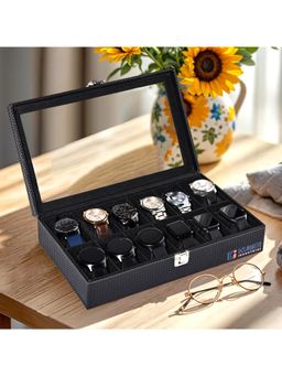 Kuber Industries - Premium Faux Leather 12 Slots Wrist Watch Organiser Box-Black