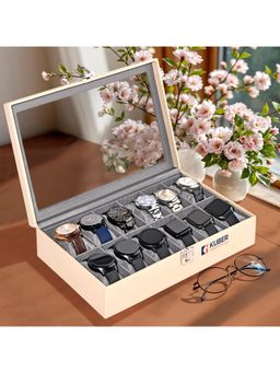 Kuber Industries - Premium Faux Leather 12 Slots Wrist Watch Organiser Box-Cream & Grey