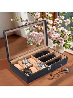 Kuber Industries - Premium Faux Leather 6+3 Slots Wrist Watch Organiser Box-Black & Golden