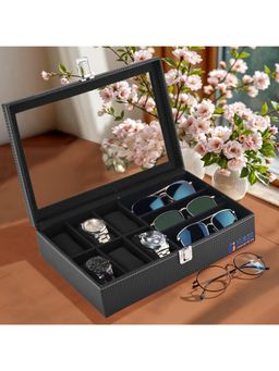 Kuber Industries - Premium Faux Leather 6+3 Slots Wrist Watch Organiser Box-Black