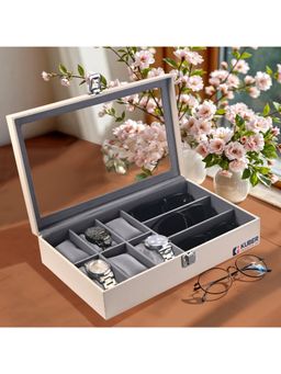 Kuber Industries - Premium Faux Leather 6+3 Slots Wrist Watch Organiser Box-Cream & Grey