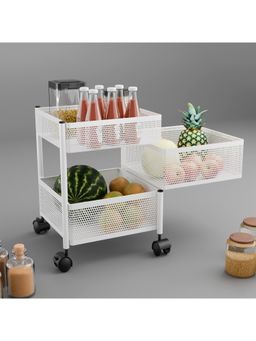 Kuber Industries - 3-Layer Kitchen Metal Storage Rack With Wheels-Square Shape-White