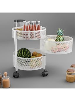 Kuber Industries - 3-Layer Kitchen Metal Storage Rack With Wheels-Round Shape-White