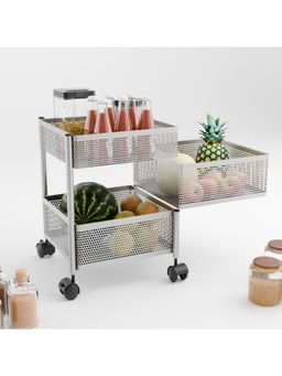 Kuber Industries - 3-Layer Kitchen Metal Storage Rack With Wheels-Square Shape-Silver
