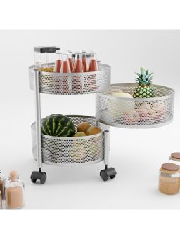 Kuber Industries - 3-Layer Kitchen Metal Storage Rack With Wheels-Round Shape-Silver