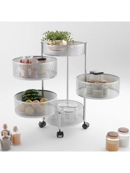 Kuber Industries - 5-Layer Kitchen Metal Storage Rack With Wheels-Round Shape-Silver