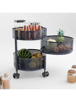 Kuber Industries - 3-Layer Kitchen Storage Rack With Wheels-Round Shape-Dark Grey