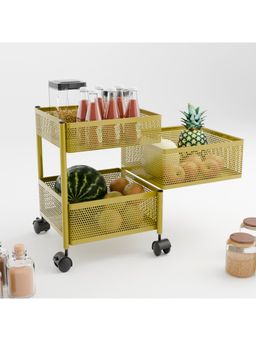 Kuber Industries - 3-Layer Kitchen Metal Storage Rack With Wheels-Square Shape-Golden