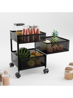 Kuber Industries - 3-Layer Kitchen Metal Storage Rack With Wheels-Square Shape-Black