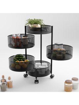 Kuber Industries - 5-Layer Kitchen Metal Storage Rack With Wheels-Round Shape-Black