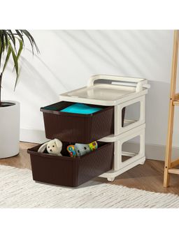 Kuber Industries - 2 Layer Plastic Modular Storage Drawer Organizer With Wheels-Ivory & Brown