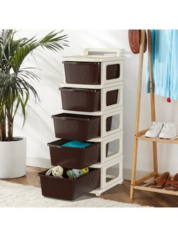 Kuber Industries - 5 Layer Plastic Modular Storage Drawer Organizer With Wheels-Ivory & Brown