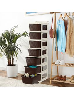 Kuber Industries - 7 Layer Plastic Modular Storage Drawer Organizer With Wheels-Ivory & Brown