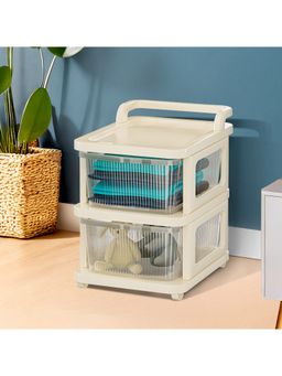 Kuber Industries - 2 Layer Plastic Modular Storage Drawer Organizer With Wheels-Transparent Ivory