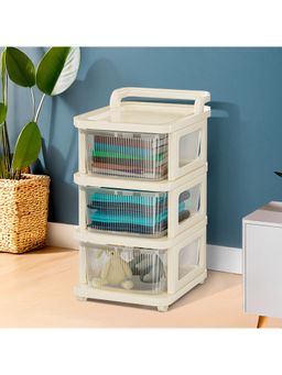 Kuber Industries - 3 Layer Plastic Modular Storage Drawer Organizer With Wheels-Transparent Ivory