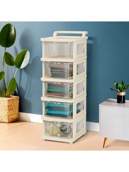 Kuber Industries - 5 Layer Plastic Modular Storage Drawer Organizer With Wheels-Transparent Ivory