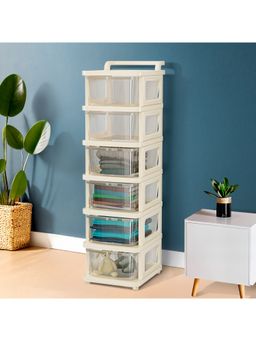 Kuber Industries - 6 Layer Plastic Modular Storage Drawer Organizer With Wheels-Transparent Ivory