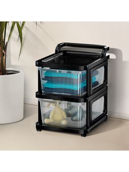 Kuber Industries - 2 Layer Plastic Modular Storage Drawer Organizer With Wheels-Transparent Black