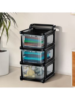 Kuber Industries - 3 Layer Plastic Modular Storage Drawer Organizer With Wheels-Transparent Black