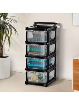 Kuber Industries - 4 Layer Plastic Modular Storage Drawer Organizer With Wheels-Transparent Black