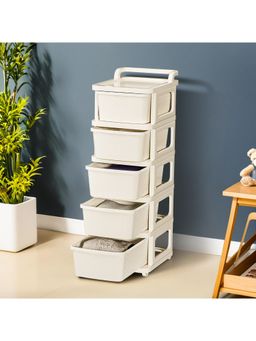 Kuber Industries - 5 Layer Plastic Modular Storage Drawer Organizer With Wheels-Ivory