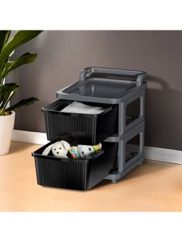 Kuber Industries - 2 Layer Plastic Modular Storage Drawer Organizer With Wheels-Grey & Black