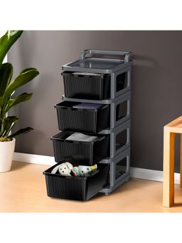 Kuber Industries - 4 Layer Plastic Modular Storage Drawer Organizer With Wheels-Grey & Black