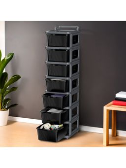 Kuber Industries - 7 Layer Plastic Modular Storage Drawer Organizer With Wheels-Grey & Black