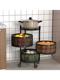 Kuber Industries - 3-Layer Rotating Multipurpose Storage Rack Trolley With Wheels-Black